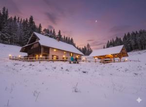 eine Blockhütte im Schnee bei Nacht in der Unterkunft Koča na Kranjski dolini Krnica 93 a,Pokljuka in Zgornje Gorje