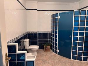 een badkamer met een toilet en blauwe betegelde muren bij Crisol Apartamento in Puerto de la Madera +14 foto's