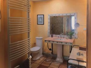 a bathroom with a sink and a toilet and a mirror at Vieille House in Saint-Geours-de-Maremne