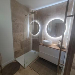 ein Badezimmer mit Dusche, Waschbecken und Spiegel in der Unterkunft Villa Marina, 3 bedrooms, Sea and beach in La Ciotat