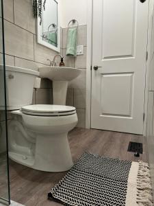 Un baño con un inodoro blanco y un lavabo. en Short North Convention King Bed Free Parking!, en Columbus 17 fotos más