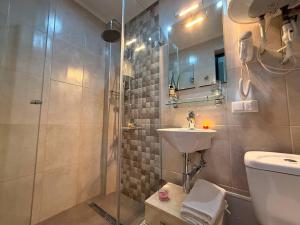 a bathroom with a shower and a sink and a toilet at Irbis hotel in Mestia +3 photos