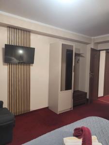 una camera d'albergo con un letto e una TV a schermo piatto di Pensiunea ELEMAR ad Azuga