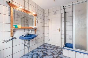 a bathroom with a blue sink and a shower at Alte Bäckerei - Nis Puk in Rodenäs