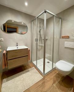 Un baño con ducha, inodoro y lavabo. en Astrid Schneeberger, en Fügen 13 fotos más