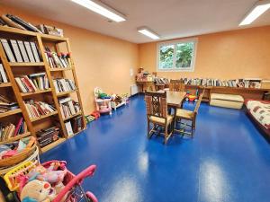 a room with a blue floor in a library at Solovergne - Charme et confort en Auvergne in Saint-Nectaire