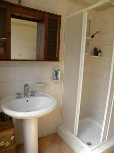 un baño con lavabo y ducha en Su Suergiu, en San Giovanni Suergiu