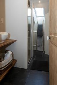 a bathroom with a shower and a glass door at Gite La Clef Des Champs - Touraine in Tavant +20 photos