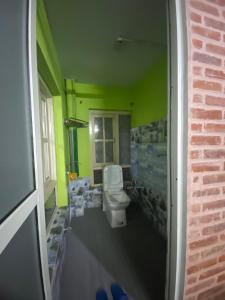 a bathroom with a white toilet in a green room at Home made guest house and netflix in Bhaktapur