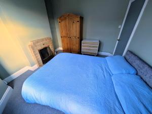 a bedroom with a blue bed and a fireplace at Quiet Private Room in Prime Location in Derry Londonderry
