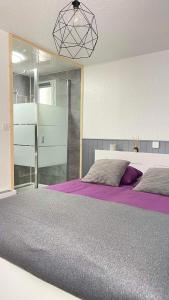 a bedroom with a large bed with purple sheets at Au pied des pistes Les 2 Alpes in Les Deux Alpes