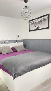 a bedroom with a large bed with purple sheets at Au pied des pistes Les 2 Alpes in Les Deux Alpes