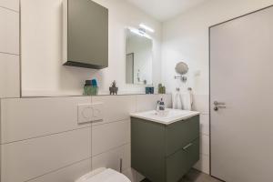 a bathroom with a toilet and a sink and a mirror at Willewatt Wohnung 1 in Husby +13 photos