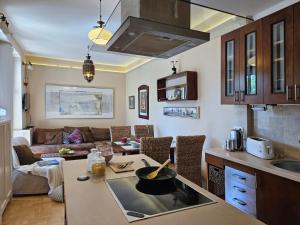 a kitchen and living room with a counter top at Art Styles Boutique Apartment Szentendre in Szentendre