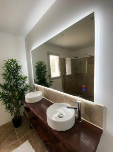 a bathroom with a sink and a mirror at La Villa Haute - Maison De Vacances in Mormoiron