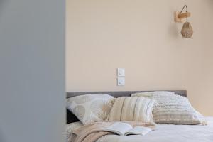 a bed with two pillows and a book on it at Le Cocon des Allamandières in Chonas-lʼAmballan +13 photos