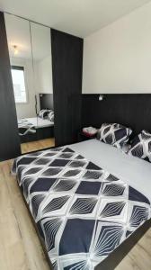 a bedroom with a large bed and a mirror at Sika Diplomat Apartment in Arad