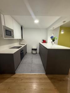 a large kitchen with a sink and a microwave at Gre Hostel San Benito in Madrid +12 photos