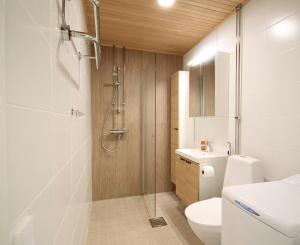 a bathroom with a shower and a toilet and a sink at Convenient Apartment for 2 in Kotka +4 photos
