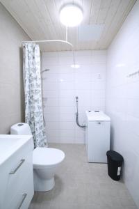 een witte badkamer met toilet en douche bij Convenient Apartment for 2 in Kouvola
