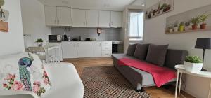 a living room with a couch and a kitchen at Fascinante Orbita Apartments in Vila Nova de Famalicão