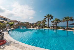 une grande piscine avec des palmiers et l'océan dans l'établissement Mirage Arillas Studio Type A7, à Arillas