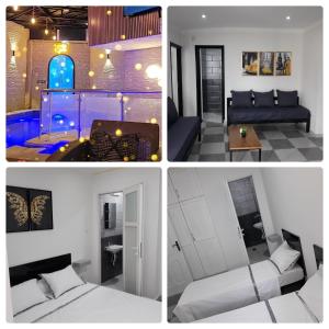 Un collage de cuatro fotografías de una habitación. en NB Locations appartement à Tigzirt avec 2h de piscine privée, en Tigzirt