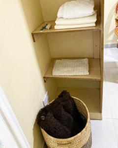 a basket sitting on the floor next to a shelf at Fal's Guesthouse in Lilongwe