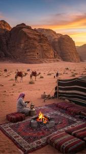 een persoon die naast een vuur in de woestijn zit bij ROYAL SAVOY lUXURY CAMP in Wadi Rum