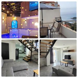 Un collage de imágenes de una sala de estar y una escalera. en NB Locations appartement à Tigzirt avec 2h de piscine privée, en Tigzirt