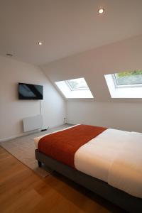 een slaapkamer met dakramen, een bed en een tv bij Appartment Douvres 7 in Brussel