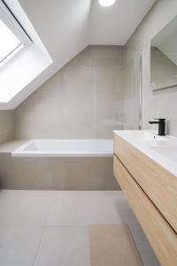 een badkamer met een wastafel en een ligbad bij Appartment Douvres 7 in Brussel