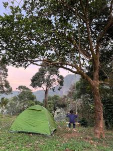 una persona en un columpio debajo de un árbol al lado de una tienda de campaña en Tent Stay Paithalvillage, en Jāmb