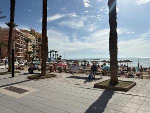 un groupe de palmiers sur une plage avec des gens dans l'établissement HS Beach, à Torrevieja