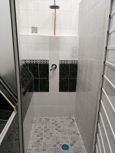 a shower with black and white tile in a bathroom at Jardin 85 Hostel in Morelia