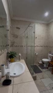 Un baño con lavabo y ducha de cristal. en Madeley House Unit 3 near Oliver Tambo Airport, en Boksburg