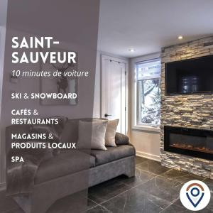 a living room with a couch and a fireplace at Le mini chalet in Sainte Anne des Lacs