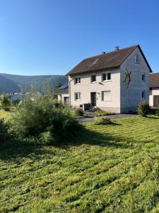 een huis met een grasveld ervoor bij Traumhafte 3 Zimmer Ferienwohnung mit Balkon in Freudenberg am Main