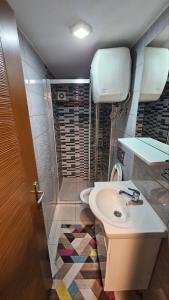 a bathroom with a sink and a shower at Sunny Garden Old Town in Sarajevo