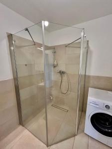 A bathroom at Spacious Apartment with Balcony & Free Parking