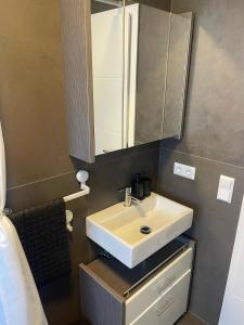 a bathroom with a sink and a mirror at Landliebe Osburg in Osburg +6 photos