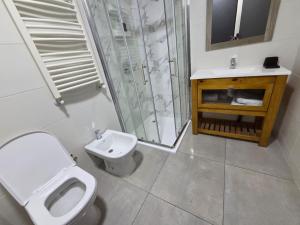 a bathroom with a shower and a toilet and a sink at Sol del Atardecer in Rada Tilly