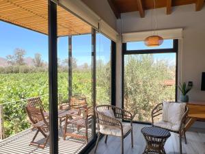 a screened porch with chairs and tables and a view of a vineyard at Valle Soléa in Valle de Guadalupe