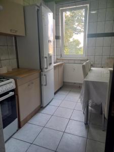 クラヨーヴァにあるPatrick Homeのキッチン(テーブル、冷蔵庫付)、窓が備わります。