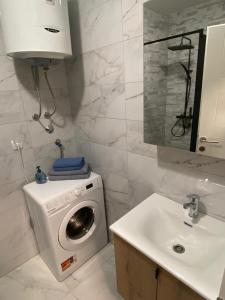 a bathroom with a washing machine and a sink at Diva apartman in Donje Mladice +19 photos