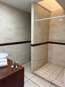 a bathroom with a shower with a sink and a toilet at ZAMORA EJECUTIVO EXPRESS in Zamora de Hidalgo