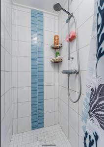 um chuveiro com porta de vidro em um banheiro em Ein großes Hausam Wald mit Bach für 8 Personen  mais 14 fotografias