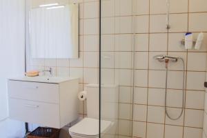 a bathroom with a shower and a toilet and a sink at Cal Teixidor in Mediona