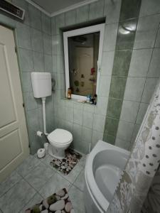 a bathroom with a toilet and a sink and a tub at City Apartman in Subotica
