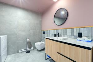 ein Badezimmer mit Waschbecken, Toilette und Spiegel in der Unterkunft Les Lofts de la Fabrique - Par Les Lofts Vieux-Québec in Québec